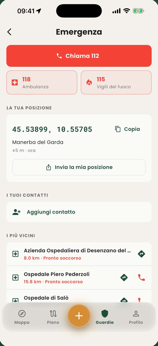 Schermata Emergenza con numeri utili e ospedali vicini