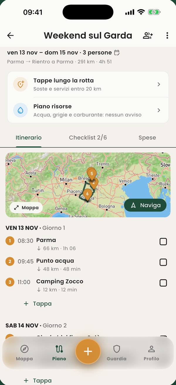 Piano di viaggio giorno per giorno con la mappa della rotta
